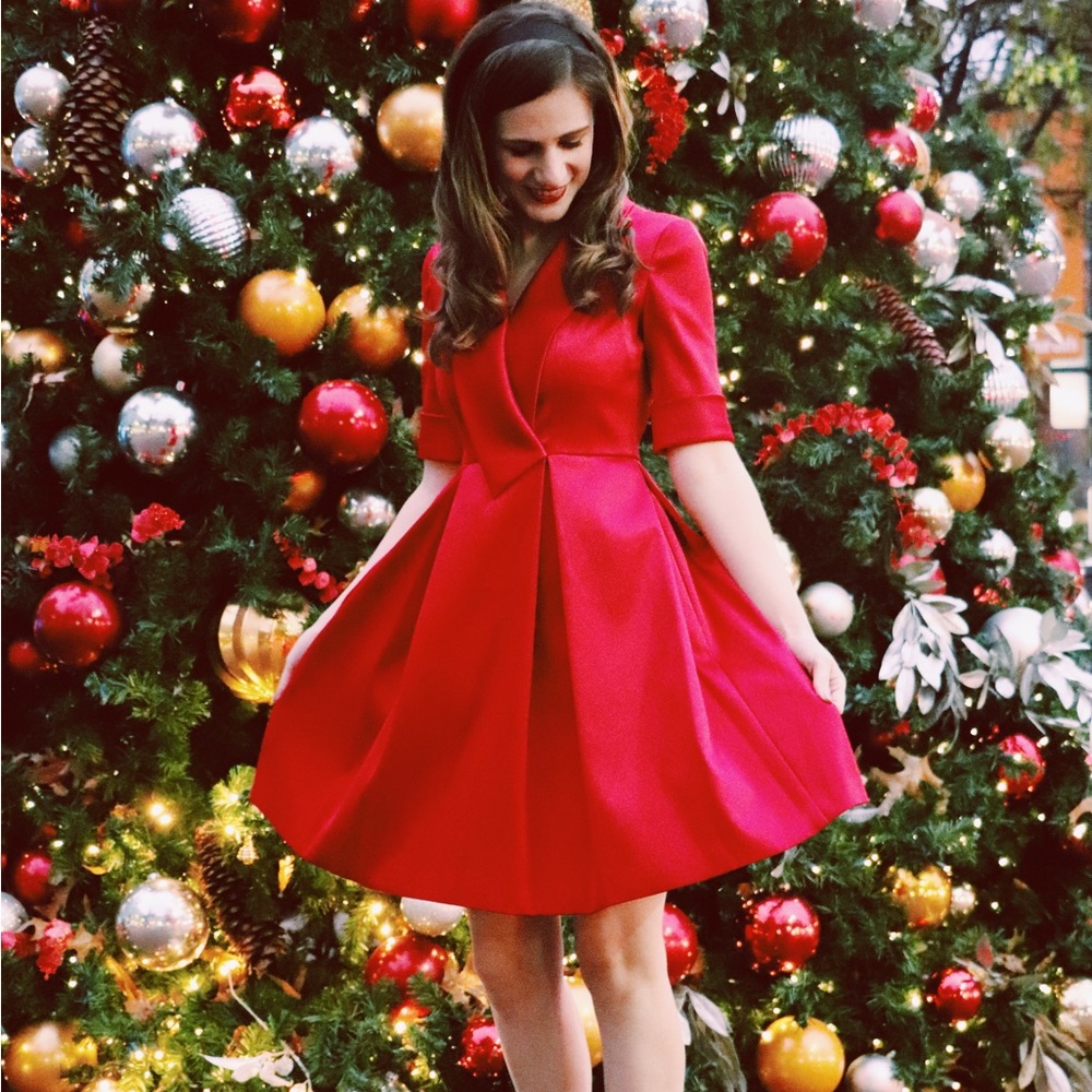 Gal Meets Glam Red Cocktail Dress with Plunge Neckline and Cuffed Sleeves